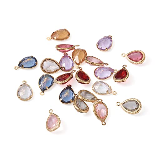 Cheriswelry 48Pcs Teardrop Resin Rhinestone Pendants with Golden Tone Brass Settings Waterdrop Faceted Rhinestone Charms with Glitter Powder 17.5mm for DIY Necklace Earring - color: 0Mixed Color*12