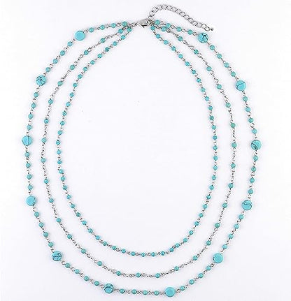 Firstmeet Long Chain Multi Layer Fashion Glass Beads Handmade Necklace for Women - color: Tur