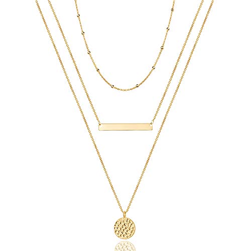 Turandoss Dainty Layered Choker Necklace, Handmade Y Pendant Necklace Multilayer Bar Disc Necklace Adjustable Layering Choker Necklaces for Women - style: 3PCS - Chain&Bar&Hammered Disc