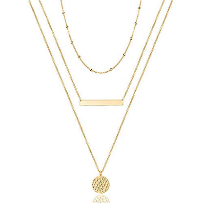 Turandoss Dainty Layered Choker Necklace, Handmade Y Pendant Necklace Multilayer Bar Disc Necklace Adjustable Layering Choker Necklaces for Women - style: 3PCS - Chain&Bar&Hammered Disc