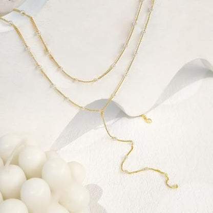 Zeffy Gold Pearl Necklace for Women, Dainty 14K Gold/Silve Plated Layered Pearl Choker Pearl Earrings Pearl Bracelets Wedding Trendy Gold Jewelry Set for Women Gifts - style: Gold Pearl Y Necklace&Drop Earrings&Bracelet-3PCS
