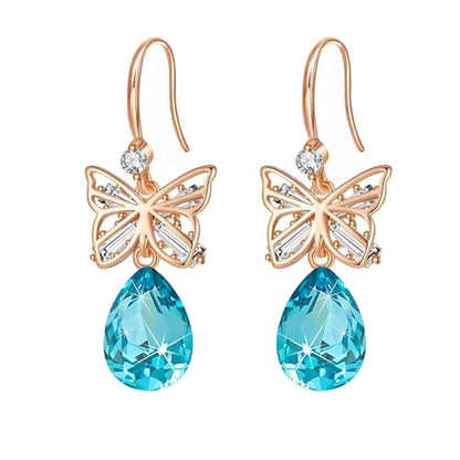 Austrian Crystal Teardrop Butterfly Drop Dangle Earrings for Women 14K Rose Gold Plated Hypoallergenic Jewelry - color: Aquamarine