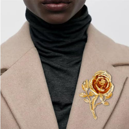Gold Rose Flower Brooch Pin for Women Men Fashion Metal Large 3D Blossom Floral Brooches Lapel Pins Retro Suit Hat Dress Accessories Holiday Wedding Jewelry Unisex Gift