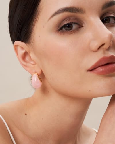 SNGIA Oval C Shape Chunky Dangle 18K Gold Plated Hoops with Colored Resin Gemstone Statement Earrings for Women by SNGIA, (Green, Brown, Blue, Pink, White, Cream), Long Bold Drop Handmade Exaggerated Irregular Trendy Bohemian Jewelry Gifts, Unique Danglin