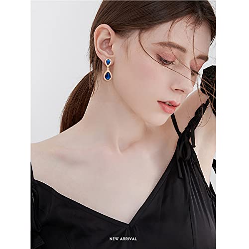 Pave Teardrop Earrings for Wedding Sterling Silver Double Pear Shaped CZ Cubic Zirconia Crystal Rhinestone Birthstone Dangle Earrings Bridal Jewelry for Bride Bridesmaids - color: Royal Blue Sapphire-Gold