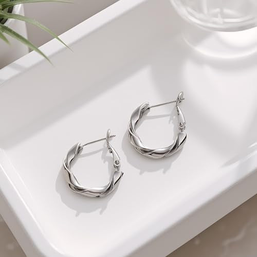 14k Gold Plated Hoop Earrings for Women, 925 Sterling Silver Posts Thick Twist Hypoallergenic Chunky Large Earrings 20mm 30mm 40mm 50mm - color: silver, size: 20mm