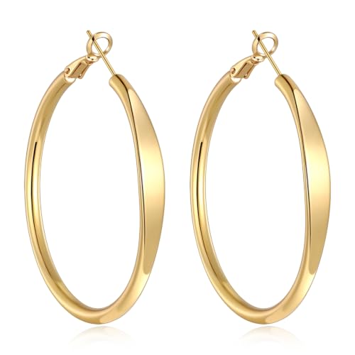 sovesi Flat Edge Chunky Hoop Earrings for Women 14k Gold Plated, 5mm Thick Hoops, Lightweight Hypoallergenic Hoop Earrings - color: Gold 50mm