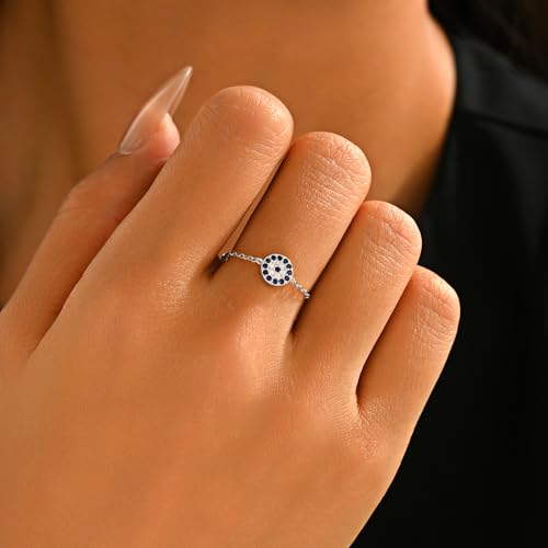 925 Sterling Silver Adjustable Link Chain Rings for Women Daughter | Dainty 14k Gold Plated Evil Eye/Cross/Flower Ring Sparkly Twist Rope with Bead Dangle Stackable Ring Jewelry Birthday Gifts - color: Style 7-Silver