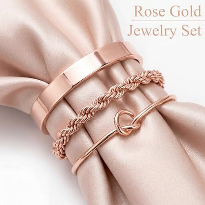 925 Sterling Silver Bracelets for Women Stack, Trendy Tennis Bangle Cuff Jewelry Set 14K Gold Plated, Adjustable Bracelet Set for Wrist Essentials, Women Fashion Watch Band Acecessories - style: Bracelet_3pcs(RoseGold Bangle Set)