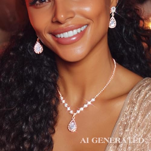 JAKAWIN Silver Rhinestone Jewelry Set Wedding Necklace Earrings for Women - color: C Rose Gold