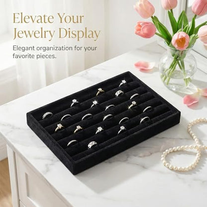 SynHHergyx Ring Display Tray 7 Slots Ring Display Case Earrings Showcase Organizer Rings Holder Tray Velvet Jewelry Drawer Organizer Inserts, Black