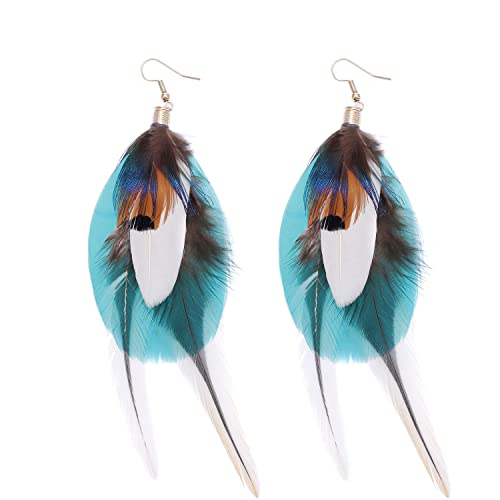 Bohemian Pheasant Peacock Long Feathers Statement Earrings Handmade Natural Lightweight Feather Dangle Earrings for Women (ea000071) - color: Short Blue