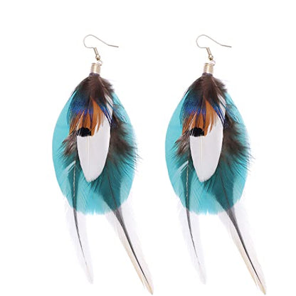 Bohemian Pheasant Peacock Long Feathers Statement Earrings Handmade Natural Lightweight Feather Dangle Earrings for Women (ea000071) - color: Short Blue