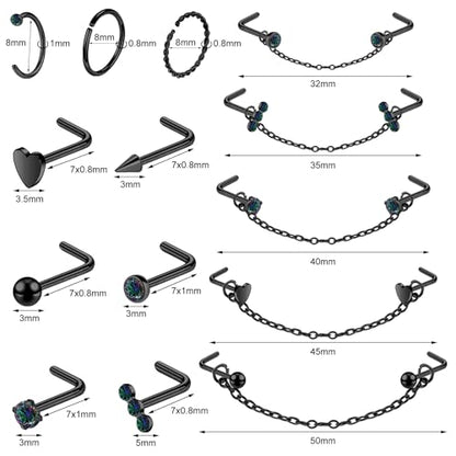 20G Nose Rings Studs with Chain Piercing Across Double Nose Stud Nose Hoop Spike Heart Ball CZ Surgical Steel Nostril Piercing Jewelry for Women Men, Black Silver Gold - color: BK-L