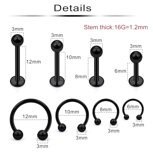 Lip Rings 32PCS Labret Jewelry Monroe Lip Barbell Ring Snake Bite Piercing Jewelry 16G Helix Earring Daith Tragus Cartilage Studs Surgical Steel Piercing Jewelry for Women Men - color: 32pcs,16 gauge,black