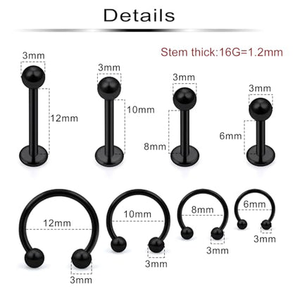 Lip Rings 32PCS Labret Jewelry Monroe Lip Barbell Ring Snake Bite Piercing Jewelry 16G Helix Earring Daith Tragus Cartilage Studs Surgical Steel Piercing Jewelry for Women Men - color: 32pcs,16 gauge,black