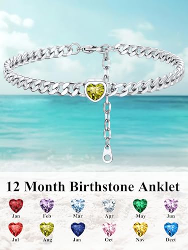 ChainsHouse Cuban Chain Anklets for Women with Heart Birthstone Jan - Dec | Stainless Steel Black Link Chain Ankle Bracelet with Birthstone, Beach Women Anklet 22cm-27cm Adjustable, with Gift Box - color: 08. Aug.-Peridot-Steel