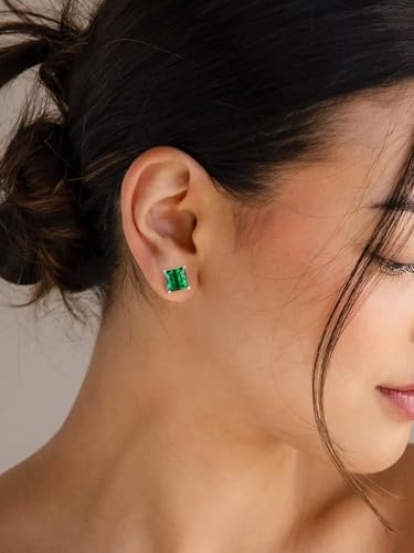FindChic 2 Carat Birthstone Stud Earrings for Women, Round/Heart/Princess Cut Stud Earrings, Hypoallergenic Studs with 925 Sterling Silver Posts, 12 Months Birthday Jewelry Gift - color: 05. May-Emerald(Princess Cut)