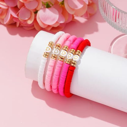 Summer Surfer Heishi Bracelet Set for Women Stackable Gold Plated Clay Ploymer Bead Stretch Pink Beach Layering Bracelets Jewelry - color: A-Love 5pcs