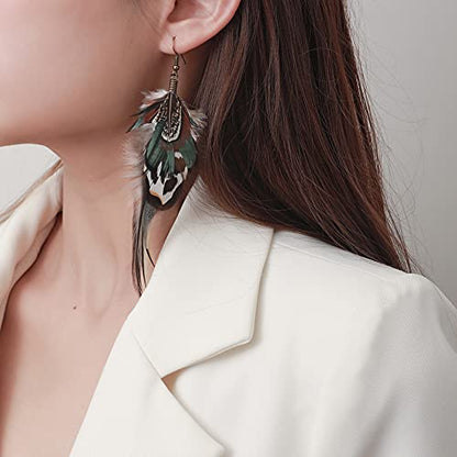 Bohemian Long Feather Earrings for Women Handmade Natural Dangle Tassel Jewelry - color: Style A