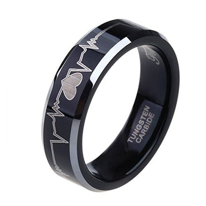 (8mm) Unisex, Women's or Men's EKG Heartbeat Wedding Ring Band. Couple's Black Tungsten Carbide Love Ring with Silver tone edges and Laser Etched Heart Line. One Year Warranty Included. - size: 6