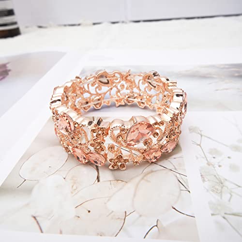 CSY Elegant Crystal Costume Jewelry Sets Flower Bridal Necklace Earrings Stretch Bangle Set for Bride Bridesmaid Wedding Dress Accessories - color: peach crystal-rose gold tone