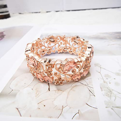 CSY Elegant Crystal Costume Jewelry Sets Flower Bridal Necklace Earrings Stretch Bangle Set for Bride Bridesmaid Wedding Dress Accessories - color: peach crystal-rose gold tone