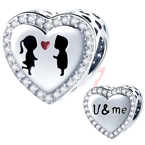 GEMDAZZ 925 Sterling Silver Valentines Day Charms Heart Charms, I Love You to The Moon and Back Pendant, Cupid Arrow and 4 Leaf Clover Beads fit European Bracelets, Gift for Lover/Wife/Girls - color: Boy and Girl Heart Charm