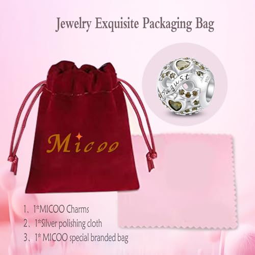 MICOO 925 Sterling Silver Jan-Dec Birthstone Charms For Bracelets and Necklaces, Original DIY Bead Charms With Cubic Zirconias Jewelry Birthday Gifts For Women. - color: 8-August Birthstone charm