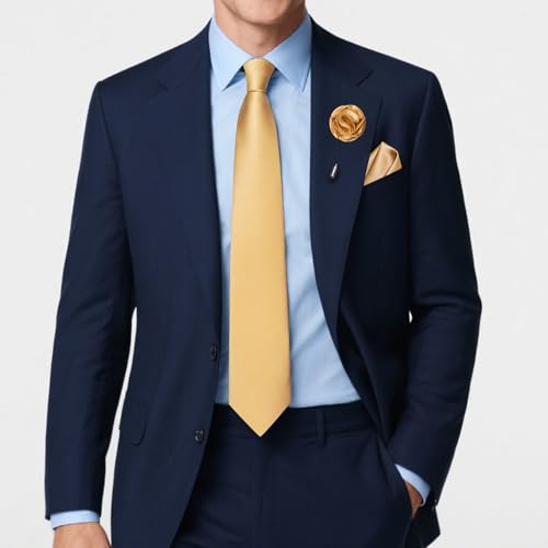 Solid Color Tie and Pocket Square with Tie Clip Lapel Pin Silk Formal Necktie Set Wedding Formal - color: Gold