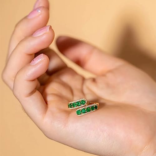 14K Golden Plated Green Crystal Adjustable Open Ring CZ Simulated Emerald Stacking Statement Wrap Finger Bands Rings Sparkling Jewelry Gifts for Women Birthday