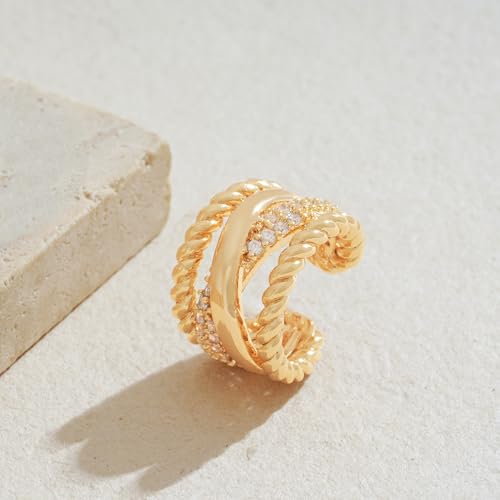 Gold Ear Cuff Earring for Women 14K Gold Plated Cubic Zirconia Non-Pierced Clip on Cartilage Chunky Ear Cuffs Hypoallergenic Jewelry - style: x rope