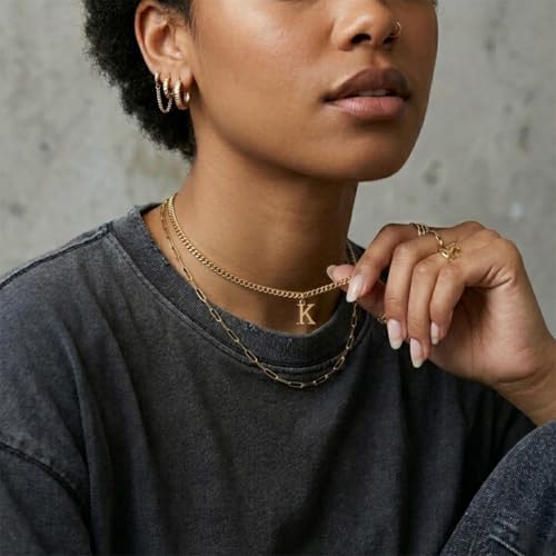 Gold Initial Necklace for Women, 3mm Cuban Link Letter Necklace, 14.5"+2.5" Adjustable Choker, Gold Plated A-Z Alphabet Pendant Necklace, Personalized Jewelry Gift for Her - style: D