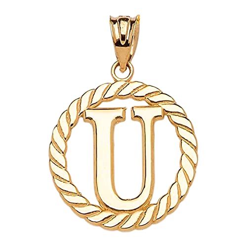 Polished 10k Yellow Gold Personalized Initial "A-Z" Roped Circle Charm Pendant - style: "U"