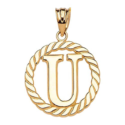 Polished 10k Yellow Gold Personalized Initial "A-Z" Roped Circle Charm Pendant - style: "U"