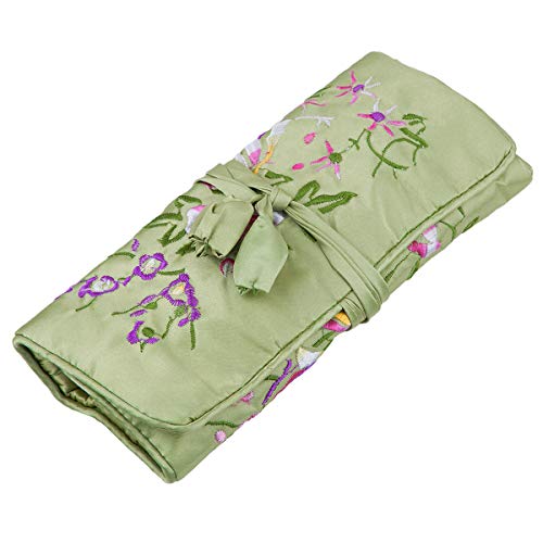 TUMBEELLUWA Embroidery Travel Jewelry Bag Roll Embroidered Flower and Bird Brocade Organizer with Tie Close - color: #1 Green