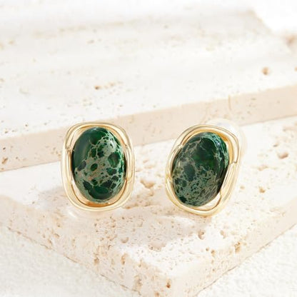YOQUCOL Natural Stone Trendy Clip On Stud Earrings for Women Gold Plated Non Pierced Statement Earrings Fashion Jewelry - color: Oval-Emerald Green
