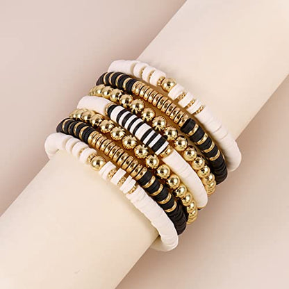 Elegance 11 designs Heishi Beaded Bracelets For Women Polymer Clay Colorful Surfer Stackable Beads Boho Bracelet Summer Beach Jewelry - color: Black And White