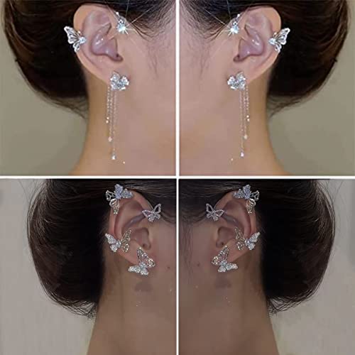 2 Pairs Dainty Silver Butterfly Ear Cuffs & Wraps for Women Non Piercing Bling Butterfly Tassel Style Zircon Earrings Ear Clips Bridal Wedding Jewelry - color: Silver-D