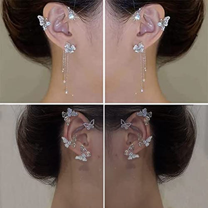 2 Pairs Dainty Silver Butterfly Ear Cuffs & Wraps for Women Non Piercing Bling Butterfly Tassel Style Zircon Earrings Ear Clips Bridal Wedding Jewelry - color: Silver-D