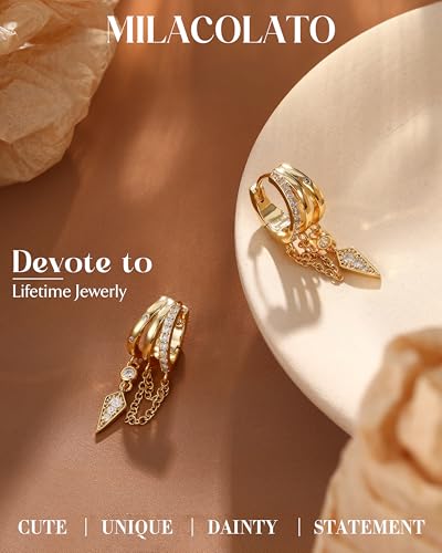 MILACOLATO 925 Sterling Silver Dangle Earrings for Women Hypoallergenic | Trendy 14K Gold Plated Triple Huggie Hoop Earrings Dainty Chain Drop Cubic Zirconia Earring Statement Hoops Fashion Jewelry - color: Chain & Arrow