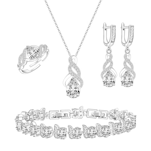 LMXXVJ Jewelry Set for Women,Teardrop Cubic Zirconia Necklace Earrings Adjustable Ring Bracelet Jewelry Set Formal Jewelry Gift - color: MHSD-White Gold-White