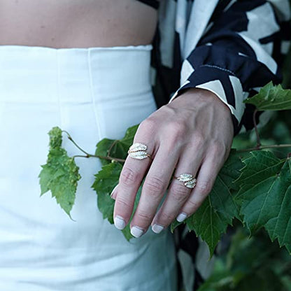 18K Gold Plated CZ Open Ring Double Leaf Wrap Rings Adjustable | CZ Stacking Ring in Gold | Unique Statement Ring Cocktail Party Ring Hypoallergenic - style: Small Leaf