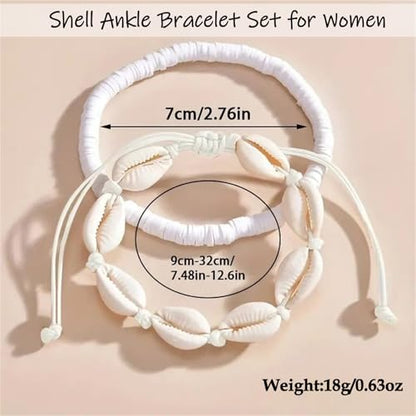 Shell Ankle Bracelet Set for Women,Boho Adjustable Beads Anklet Pack Natural White Shells Stack Stretch Seashell Pearl Starfish Bracelet Set Hawaiian Beach Vacation Foot Jewelry - style: F-Shell