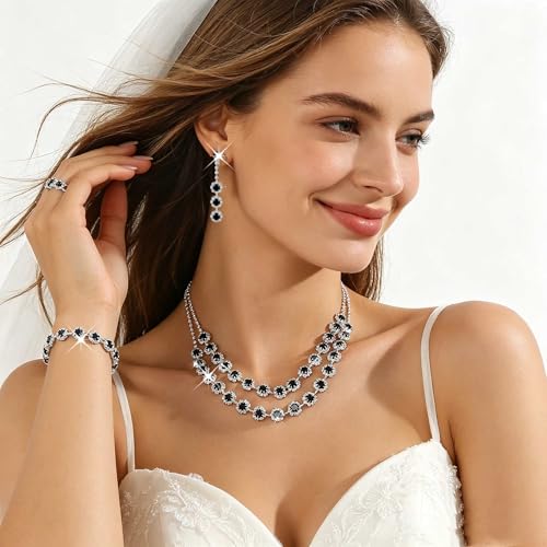 Rhinestone Bridal Wedding Jewelry Set，Crystal Necklace Earrings Bracelet Sets Formal Costume Jewelry for Women and Brides - color: BLACK