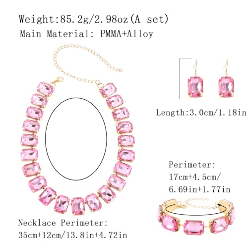 KOSMOS-LI Rectangle Faux Crystal Jewelry Sets Includ Necklace Bracelet Earrings For Women Stocking Stuffers - color: pink