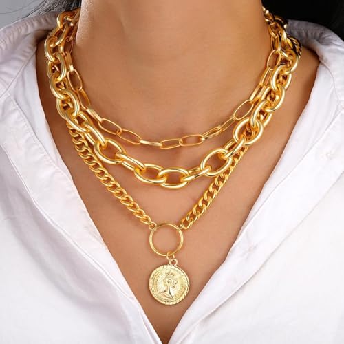Gold Chunky Layered Coin Necklaces for Women Trendy Cuban Link Paperclip Chains Necklace Stack Coin Pendant Necklace Set Jewelry Gifts - color: Gold
