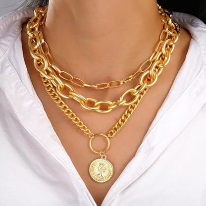 Gold Chunky Layered Coin Necklaces for Women Trendy Cuban Link Paperclip Chains Necklace Stack Coin Pendant Necklace Set Jewelry Gifts - color: Gold