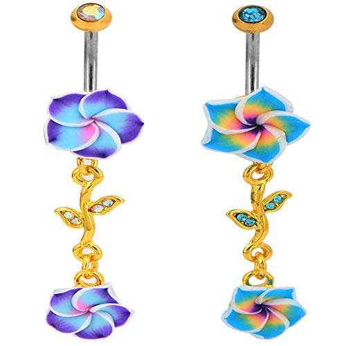 Assorted Set 14 Gauge 3/8 Inch 316L Surgical Steel Barbell Belly Button Navel Rings Dangles Boho Hawaiian Plumeria Flower - style: 2 Belly Dangle