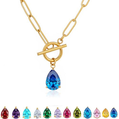 Teardrop CZ Pendant Paperclip Chain Necklace 18K Plated Paperclip Toggle Necklace Jewelry Birthstone Gift for Women - color: Tanzanite-December